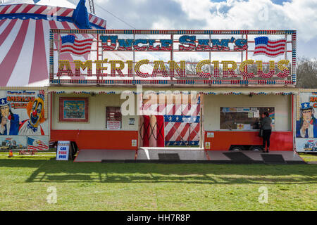 Le bureau de vente des billets pour l'Oncle Sam's American Circus, Nottingham, England, UK Banque D'Images