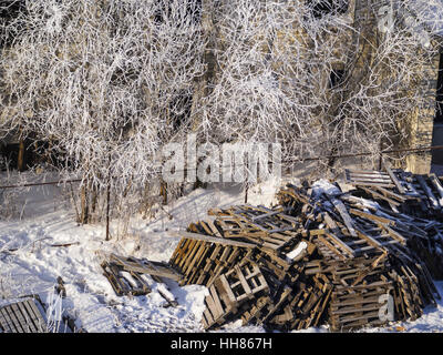 Pile de palettes en bois couverte de neige. 18 janvier, 2017. Crédit : Igor Golovniov/ZUMA/Alamy Fil Live News Banque D'Images