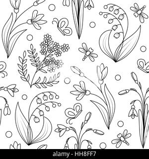 Modèle transparent avec de l'encre à la main les plantes printemps sauvage isolé sur blanc. Motif fleurs vecteur. Illustration de Vecteur