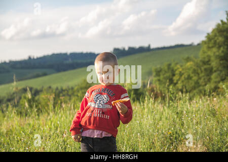 Smiling little kid garçon en blouse rouge de manger un muffin sur un champ vert Banque D'Images