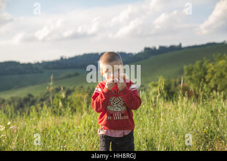 Smiling little kid garçon en blouse rouge de manger un muffin sur un champ vert Banque D'Images