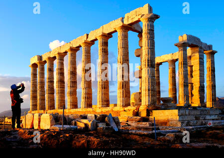 Ruines du temple de Poséidon au cap Sounion, péninsule Attique, Grèce Banque D'Images