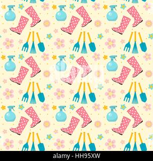 Avec motif transparent jardinage outils de jardin. Toile sans fin du printemps. La texture de l'horticulture, papier peint. Fond d'été mignon. Vector illustration. Illustration de Vecteur