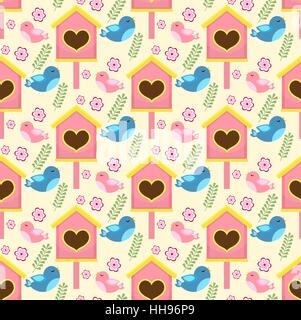 Modèle sans couture de printemps avec les oiseaux et starling chambre. Cabane d'arrière-plan sans fin. La texture de jardinage, le papier peint. Cute kids toile de fond. Vector illustration. Illustration de Vecteur