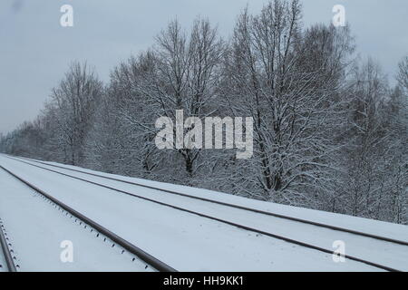Cours sur les lignes de chemin de fer couverts couches profondes de neige avec belle décoration de dentelle en forêt près de la route Banque D'Images
