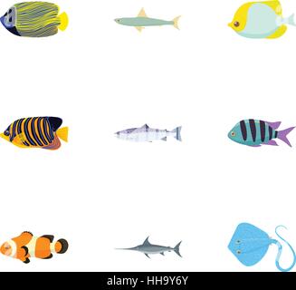 Espèces de poissons icons set, cartoon style Illustration de Vecteur