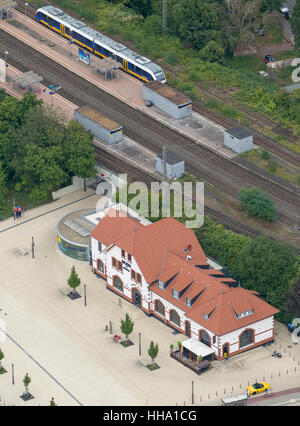 Gare, Moers, Ruhr, Bas-rhin, Rhénanie du Nord-Westphalie, Allemagne, Europe, vue aérienne, les oiseaux-lunettes voir l'antenne, Banque D'Images