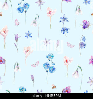 Printemps aquarelle avec arrière-plan transparent fleurs bleu Banque D'Images