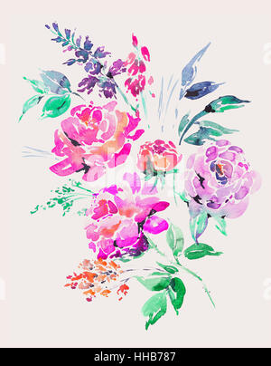 Aquarelle rouge roses - fleurs, brindilles, feuilles, bourgeons Banque D'Images