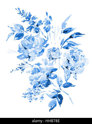 Blue roses aquarelle - fleurs, brindilles, feuilles, bourgeons Banque D'Images