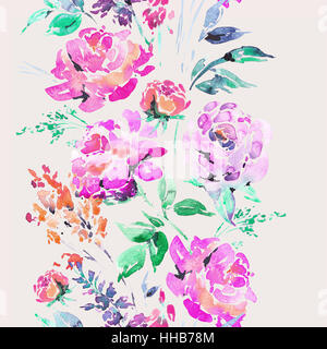 Floral aquarelle frontière perméable avec roses rouges Banque D'Images