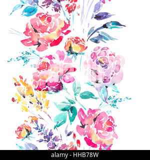 Floral aquarelle frontière perméable avec roses rouges Banque D'Images