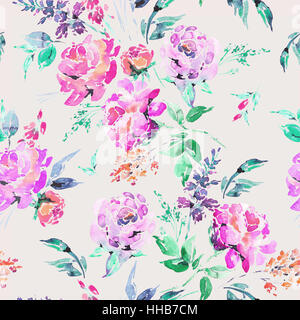 L'Aquarelle transparente floral pattern avec pink roses Banque D'Images