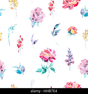 Floral aquarelle frontière perméable avec roses rouges Banque D'Images