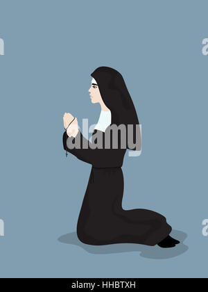 Femme, religion, prie, silhouette, nun, chapelet, louange, femme, blanc, bleu, Banque D'Images