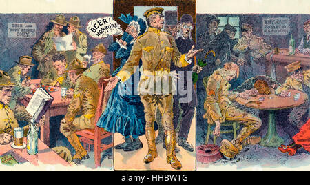 La cantine ou la plongée - au nom de la décence et le bon sens, ce qui est le mieux pour le soldat américain ? L'illustration montre un officier de l'armée avec une femme nommée 'W.C.T.U.' un pasteur, et un homme portant la mention "timide" législateur debout dans une porte, affichage des scènes dans une cantine, où les soldats jouent aux échecs et la lecture, et d'une plongée où les soldats sont ivres, soutenant, et fréquenter des prostituées. Comprend une longue légende à propos de 'W.C.T.U.' efforts pour fermer les cantines et le refus du gouvernement de les réintégrer. La Première Guerre mondiale Banque D'Images