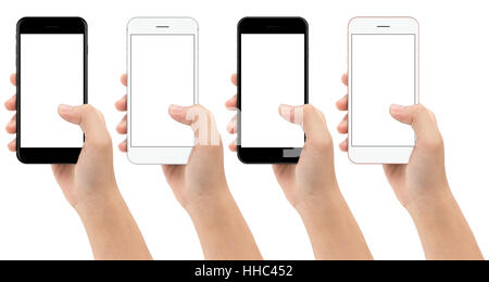 Hand holding phone mobile isolé sur fond blanc Chemin de coupure à l'intérieur, mock-up set couleur smartphone écran blanc facile ajuster le texte Banque D'Images