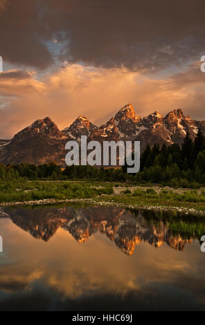 WY02068-00...WYOMING - les Tetons se reflétant dans un étang de castors sur la Snake River au lever du soleil dans le Grand Teton National Park. Banque D'Images