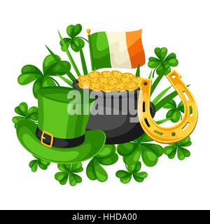 Saint Patricks Day card. Irlande Drapeau, pot de pièces d'or, trèfles, chapeau vert et Horseshoe Illustration de Vecteur