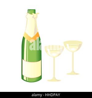 Deux verres de champagne et une bouteille. Vector illustration. Illustration de Vecteur