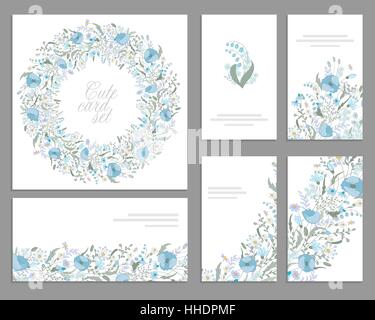 Ensemble de modèles pour la célébration, mariage. Fleurs bleues. Aquarelle coquelicots bleus, le muguet, Daisy, snowdrop. Pour mariage romantique et design, des cartes de vœux, affiches, publicité. Vintage Illustration de Vecteur