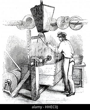 En verre de coupe : le navire de coupe a eu lieu à une roue en rotation. La trémie au-dessus de la meule contient un mélange de sable et d'eau qui goutte sur le bord de la roue. Gordon Fonderie, forge et de l'usine. Londres, 1890. Banque D'Images