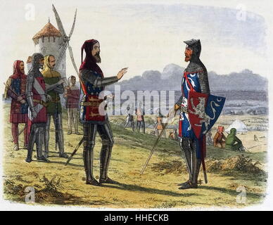 Édouard III (1312-77), roi d'Angleterre à partir de 1327. Montré ici à la bataille de Crécy, 1346, pendant la guerre de Cent Ans entre l'Angleterre et la France refuse d'envoyer de l'aide à son fils le Prince Noir. La gravure sur bois en couleur, vers 1860. Banque D'Images
