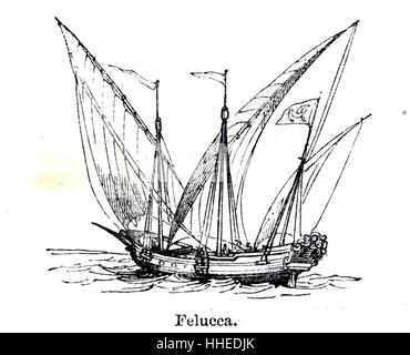 Gravure d'une felouque, un petit bateau propulsé par des rames ou des voiles latines ou les deux, utilisé sur le Nil et autrefois plus largement dans la région méditerranéenne. En date du 19e siècle Banque D'Images