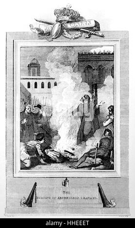 L'incendie de Thomas Cranmer (1489-1556), un chef de file de la Réforme anglaise et l'archevêque de Canterbury. En date du 16e siècle Banque D'Images