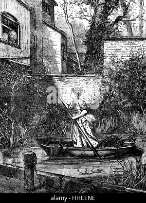 Illustration d'une femme sur un punt, un bateau à fond plat avec un carré-cut bow, conçu pour une utilisation dans les petits cours d'eau ou d'autres eaux peu profondes. En date du 19e siècle Banque D'Images