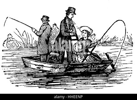 Illustration de pêcheurs sur un punt, un bateau à fond plat avec un carré-cut bow, conçu pour une utilisation dans les petits cours d'eau ou d'autres eaux peu profondes. En date du 19e siècle Banque D'Images