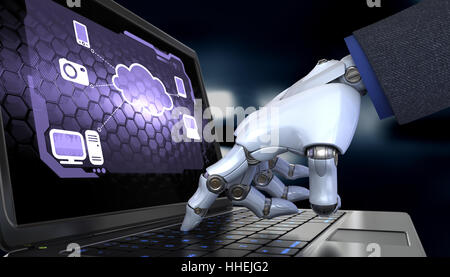 Robot part travailler avec un schéma de Cloud Computing sur l'écran de l'ordinateur portable. 3D illustration Banque D'Images