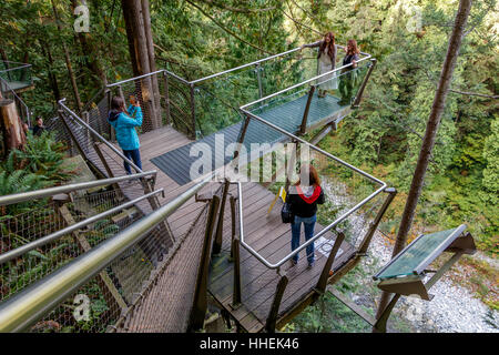 Les touristes sur la Cime des arbres du parc Capilano Aventure, Vancouver, Colombie-Britannique, Canada. Banque D'Images