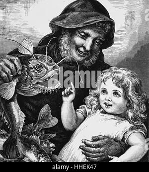 Illustration d'Eleanor Bulley's "ouvert et voir' illustrant un pêcheur montrant un pêcheur de poisson pour sa jeune fille. En date du 20e siècle Banque D'Images