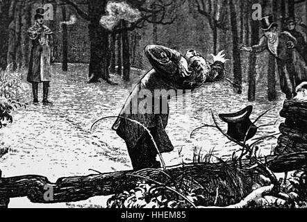 Illustration représentant un duelliste blessant son adversaire dans l'oreille. Illustré par Marcus Stone (1840-1921) un peintre et illustrateur français. En date du 19e siècle Banque D'Images