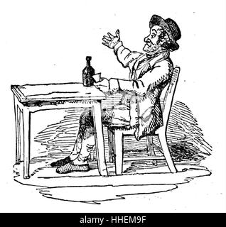 Caricature montrant un homme, assis à une table, boire gin seul. En date du 19e siècle Banque D'Images