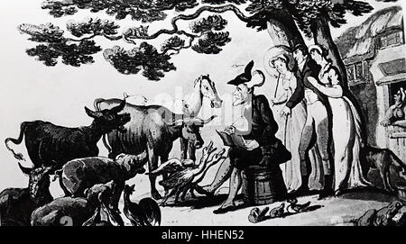 Illustration du caractère fictif de la syntaxe avec le Dr Squire, son épouse et sa soeur, l'accompagner à la basse-cour à ébaucher les animaux. Dr syntaxe a été créée par William Combe (1742-1823) et le dessinateur Thomas ROWLANDSON (1756-1827). En date du 19e siècle Banque D'Images