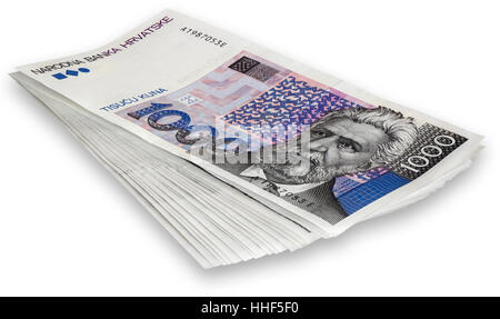 Bunch billets 1000 kunas croates isolé sur fond blanc avec Clipping Path Banque D'Images