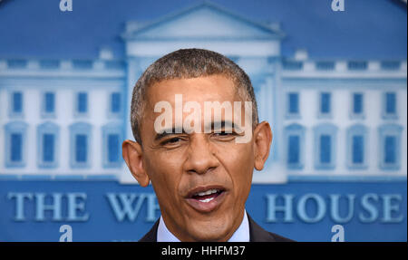 Washington, DC, USA. 18 janvier, 2017. Barack Obama parle au cours de sa dernière conférence de presse que le président américain à la Maison Blanche à Washington, DC. Credit : Yin Bogu/Xinhua/Alamy Live News Banque D'Images