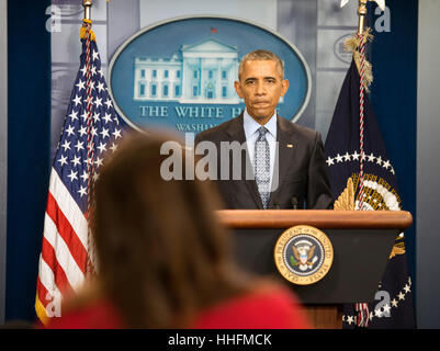 Washington, DC, USA. 18 janvier, 2017. Le président Barack Obama tient sa dernière conférence de presse officielle en tant que président. Parmi les choses qu'il a été sa décision de commuer Chelsea Manning, l' armée transgenres reconnu coupable de transmettre des informations classifiées à Wikileak, phrase, indiquant qu'elle avait servi d'assez de temps. Credit : Patsy Lynch/Alamy Live News Banque D'Images