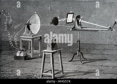 La photo d'Alexander Graham Bell téléphone. Les vibrations de la membrane de l'émetteur d'impulsions lumineuses causées à l'automne sur une cellule sélénium sensibles à la lumière. Datée 1891 Banque D'Images