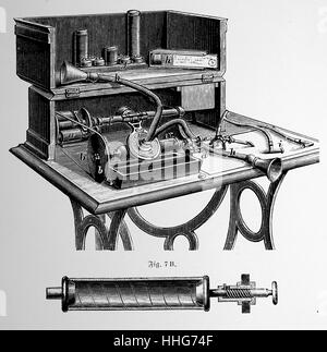 Bell et Tainter's graphophone. Un enregistrement a été effectué en parlant dans une embouchure tout en tournant le cylindre de cire par un treadle ; comme dans une machine à coudre. Avec une oreillette pièce jointe sur le stylet les cylindres pourrait être reproduit pour l'audio entrant. Banque D'Images