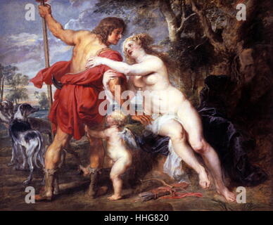 Vénus et Adonis, milieu des années 1630 ; Huile sur toile, (Cincinnati Art Museum). Par Peter Paul Rubens (1577 - 1640). Basé sur l'histoire d'Ovide, Métamorphoses (8 A. D). Piqué par l'une des flèches de Cupidon, Vénus tombe amoureux d'Adonis le chasseur. Rubens est né à Siegen en Allemagne, mais de l'âge de 10 ans il a vécu et est allé à l'école d'Anvers, en Belgique, où il est devenu un important artiste flamand. Banque D'Images