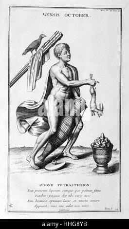 Octobre représenté comme un homme tirant un lièvre à partir d'un panier. Supplément à l'illustration de l'antiquité expliquée et representée en chiffres" ; (vol. 1-15, Paris, 1719-1724) par Dom Bernard de Montfaucon, (1655 - 1741), un moine bénédictin français. Il était un fin érudit qui a fondé la discipline de la paléographie, il est considéré comme l'un des fondateurs de l'archéologie moderne. Banque D'Images