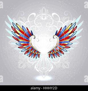 Vitraux ailes de rouge, bleu et jaune , en verre décoré d'un motif blanc sur fond clair. Illustration de Vecteur