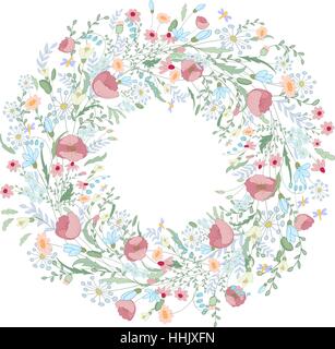 Couronne de fleurs à la main. Coloré, mignon fleurs vecteur pour carte postale et affiche un design moderne. Couronne de fleurs, style dessiné à la main. Illustration de Vecteur