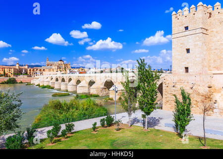 Cordoue, Espagne. Pont Romain et de la Mezquita (la Grande Mosquée) Cathédrale sur la rivière Guadalquivir. Banque D'Images