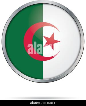 Bouton vecteur drapeau algérien. L'Algérie drapeau dans le style de bouton en verre avec cadre en métal Illustration de Vecteur