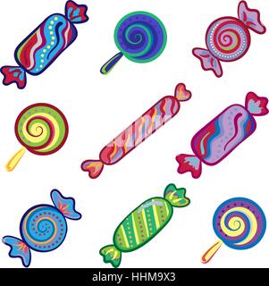 Ensemble d'aliment sucré d'icônes. Bonbons, friandises, sucette, la vaseline. Illustration de Vecteur