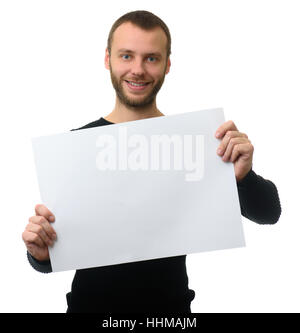 Cheerful barbu montre une feuille de papier vierge. Isolated on white Banque D'Images